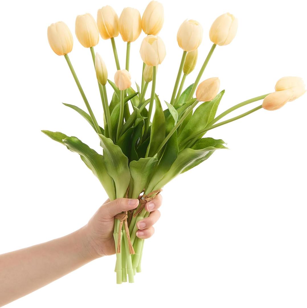 15 pcs Cream Tulips Artificial Flowers Faux Tulips Real Touch Latex Fake Flower Bouquet for Spring Wedding Home Dcor Centerpiece Arrangements