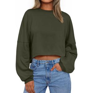 Trendy Queen Cropped Sweatshirts for Women Oversized Crewneck Sweaters Long Sleeve Tops Fall Winter Clothes 2026 (Large, Armygreen)