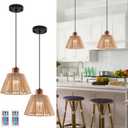 Dijiahua Boho Rattan Battery Operated Pendant Lights Kitchen Island 2 Pack with Remote Control,Wireless Rechargeable 12 RGB Color Temperatures Lamp with Woven Shade, Indoor Hanging Lighting (Brown+Wood)
