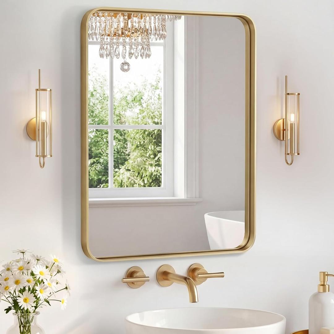 Sweetcrispy Bathroom Mirror 20x16 Inch Metal Framed Rounded Rectangle Vanity Mirror for Wall, Over Sink, Farmhouse, Restroom, Anti-Rust, Modern Decorative, Horizontal or Vertical Hanging, Gold