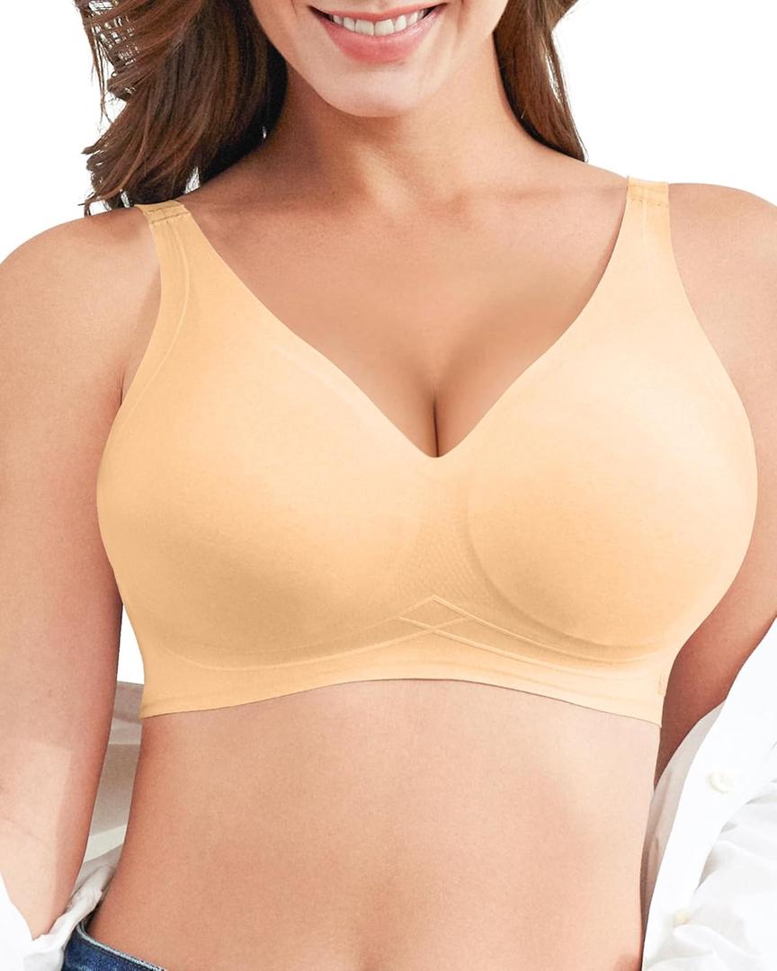 Wireless Bra Women Seamless Push Up Support Comfort V Neck Full Coverage Sleep T-Shirt Everyday Bras (Beige, M)