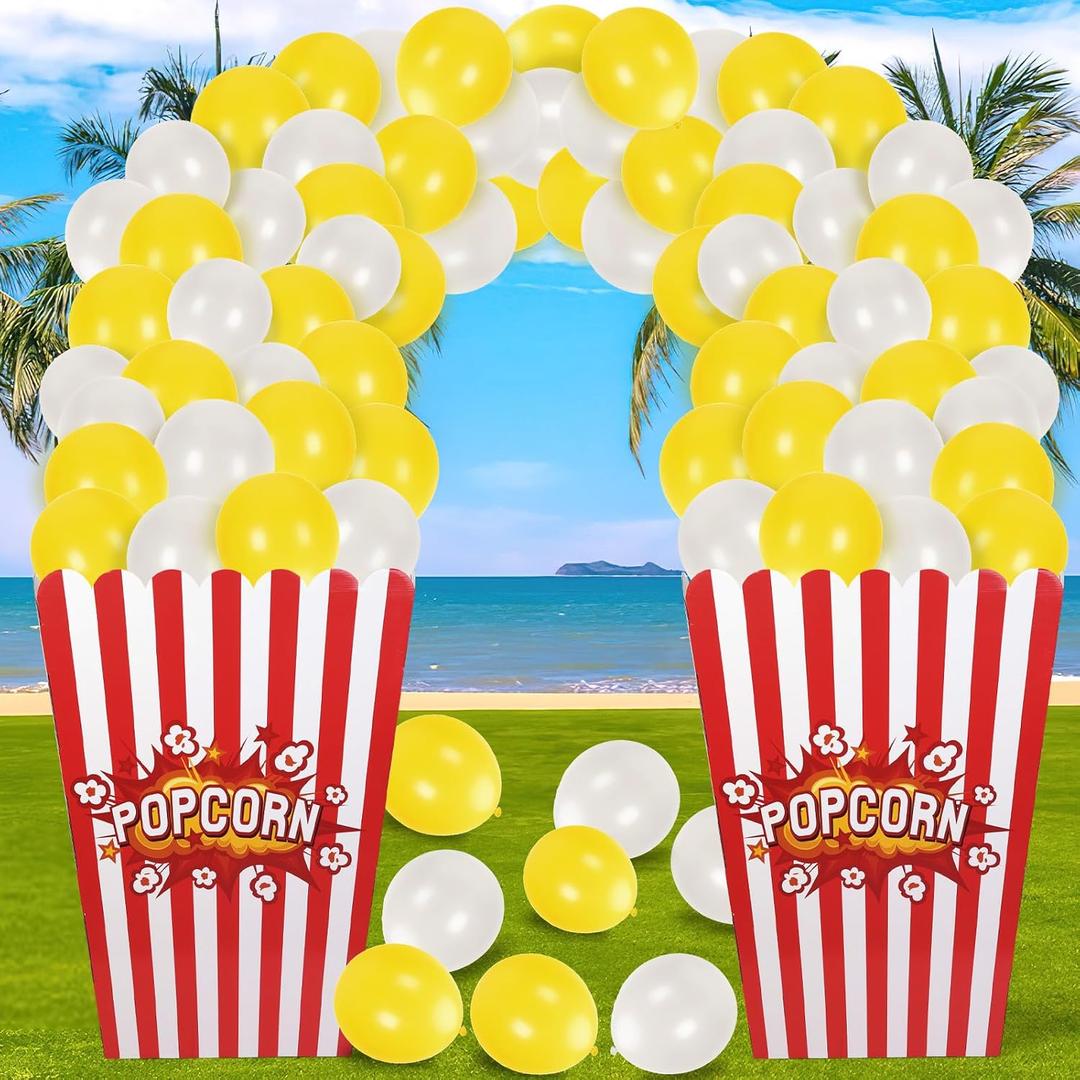 2 Sets Giant Popcorn Box with Balloons, Movie Popcorn 3D Popcorn Box Cardboard Stand up, 25x18x35" Outdoor Standing Heavyweight Popcorn Box for Theme Parties Festivals Yard Decoration,102Pcs