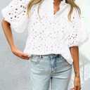 PRETTYGARDEN Women's Summer Tops 2025 Dressy Casual Short Sleeve V Neck Buttons Hollow Out Lace Embroidered Blouses Shirts (White,Small)