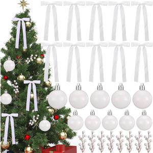 Soulchen 108 Pcs White Christmas Tree Decorations Set White Christmas Ornaments 36 Velvet Ribbon Bows 36 Xmas Balls 36 Artificial Berry Picks for Wreaths Garland Holiday Party Decor