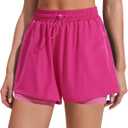 PINSPARK Athletic Shorts for Women High Waisted Workout Short 2 in 1 Running Shorts Gym Shorts with Zipper Pockets (Pink, S)
