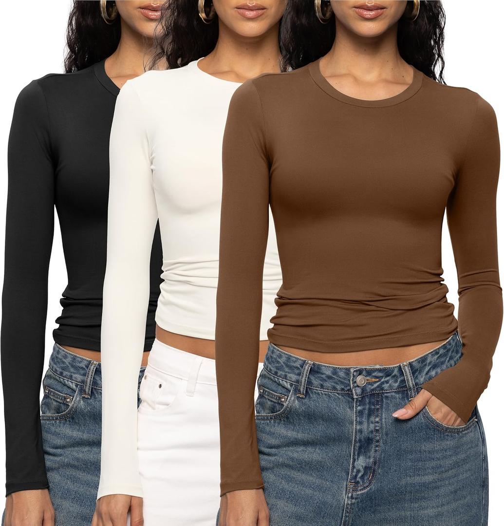 ENERFUL Women's Long Sleeve Shirts Crew Neck Slim Fitted Going Out Crop Casual Tops Basic Tees (Medium, Black+beige+coffee)