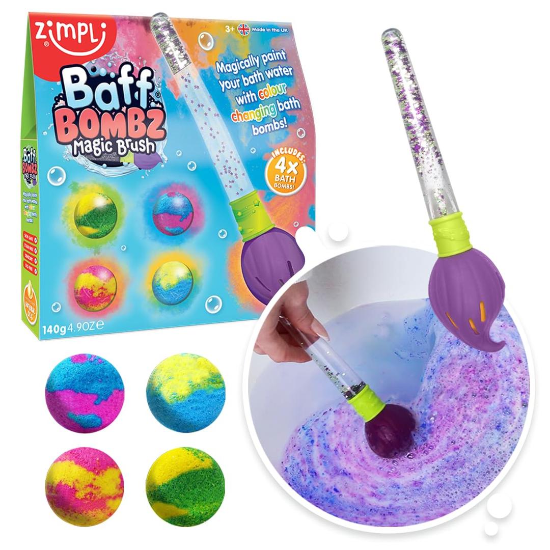 Baff Bombz Magic Brush, 4 x Bath Bombs, Magically Paint Your Bath Water, Creative Bath Toy for Children, Birthday Gifts for Boys & Girls, Pocket Money Toy, Moisturising Bath Fizzers (1 Count (Pack of 1))