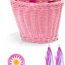 Hestya Kids Bike Basket Set for 12-14 Inch Bikes, Wicker Basket, Handlebar Bicycle for Girls Colorful Streamers Daisy Bell Decoration Girls Bike Accessories Gift for Girl Boy (Pink)