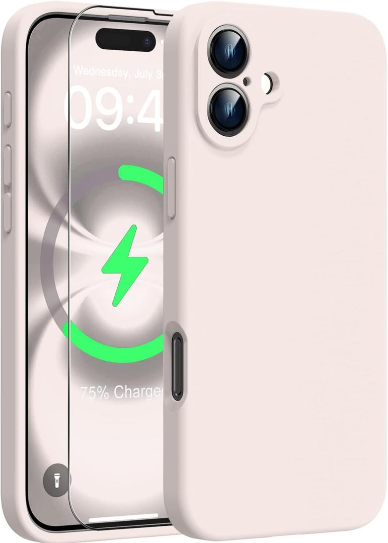 2 x Goodon Magnetic for iPhone 16 Case with Screen Protector - Wireless Charging Compatible - Full Camera Protection - Shockproof Protective Silicone Phone Case for Women and Girls - Pale Pink