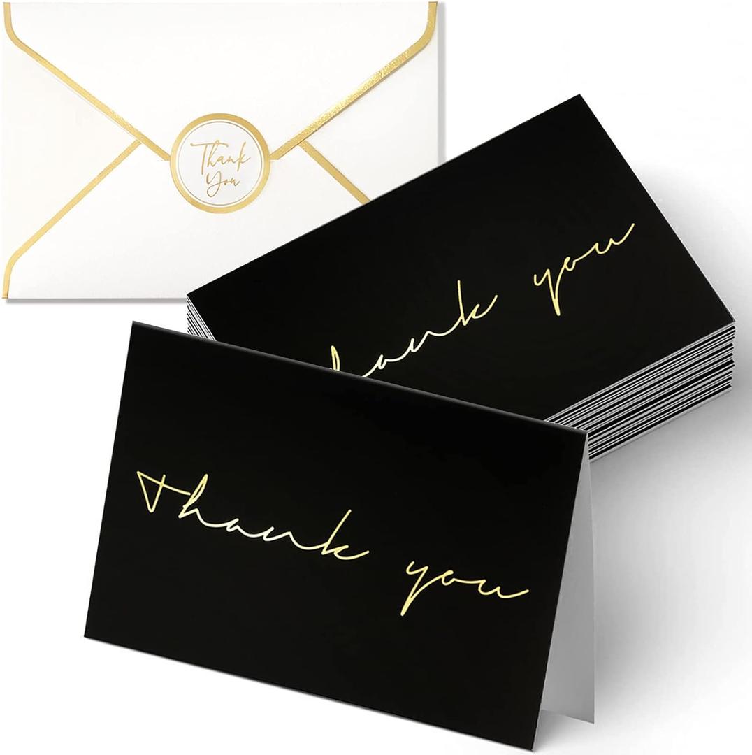 40 Thank You Cards, Black and Gold Foil Thank You Cards Bulk, All Occasions Thank You Note Card with Envelopes & Stickers, Wrapped with Sturdy Box, Great for Wedding, Baby Shower, Bridal Shower, Etc -