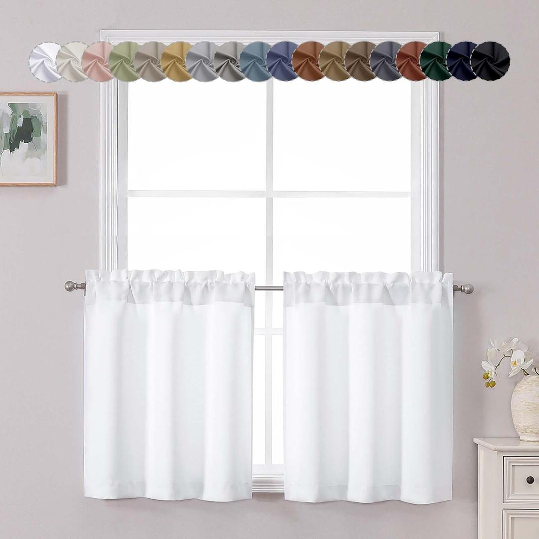 Chyhomenyc Light Filtering Short Curtains 24 Inch Length, Small Kitchen Window Curtains over Sink, Half Window Cafe Curtain Tier for Bathroom Basement Cabinet Camper, 2 PCS, Each 30"Wx24"L, Pure White