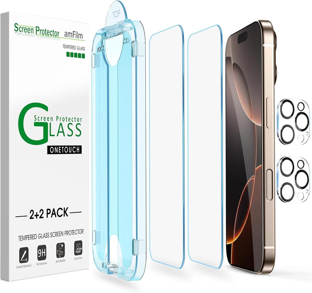 amFilm Auto-Alignment OneTouch for iPhone 16 Pro Max [6.9''] Screen Protector + Camera Lens Protector, Tempered Glass, 30 seconds Installation, Bubble Free, Case Friendly, Anti-Scratch [2+2 Pack] (16P-6.9)