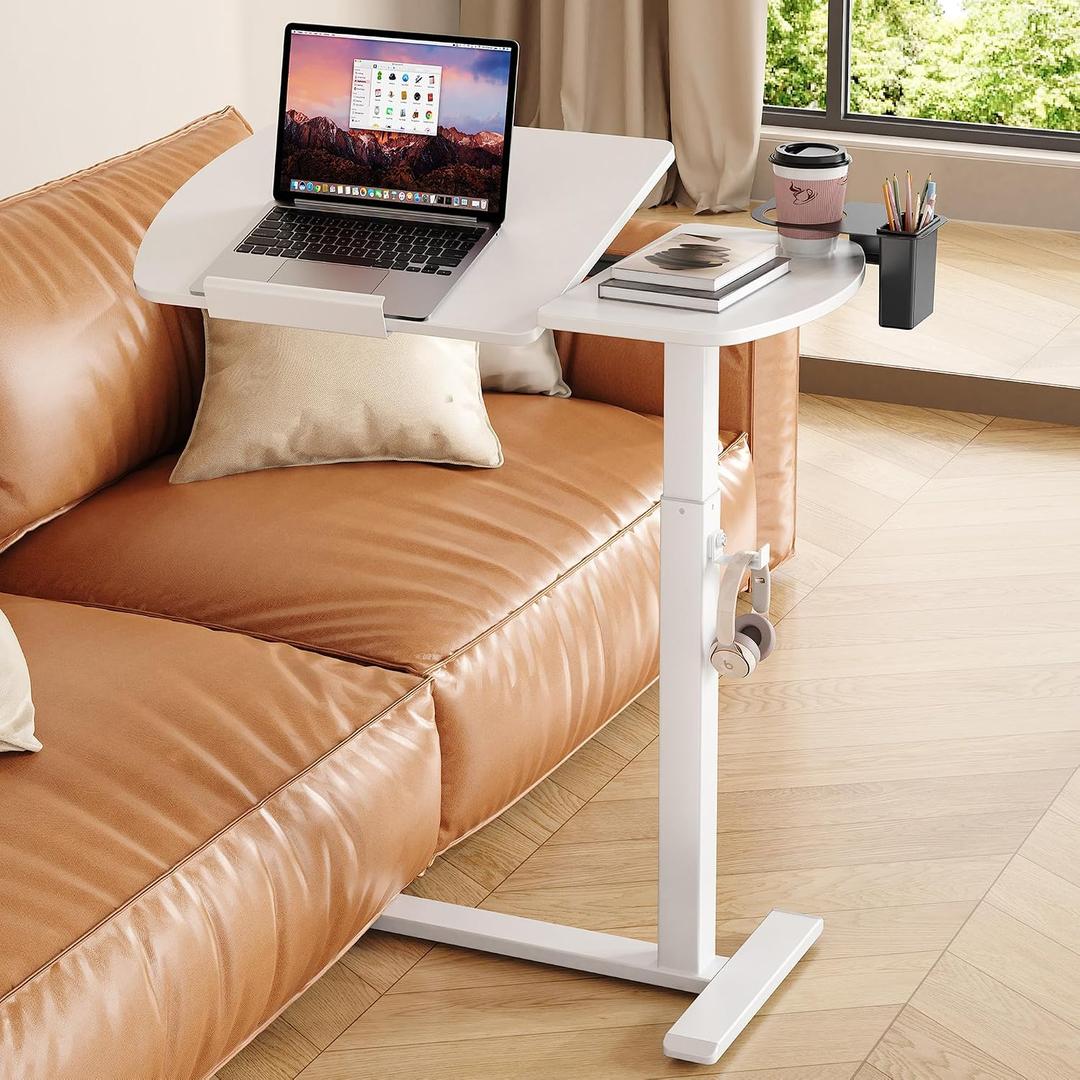 Overbed Table with Wheels, Pneumatic Lift and Tilting Top (White), 27.48 inches x 14.17 inches x 41.06 inches