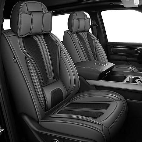 IKABEVEM Seat Covers Fit for Dodge RAM 1500 2002-2024 2025 2026: Compatible with RAM 1500 2500 3500 Car Seat Cover Truck Pickup Crew Double Quad Cab (Curved Bench, Front Seat, Black & Grey)