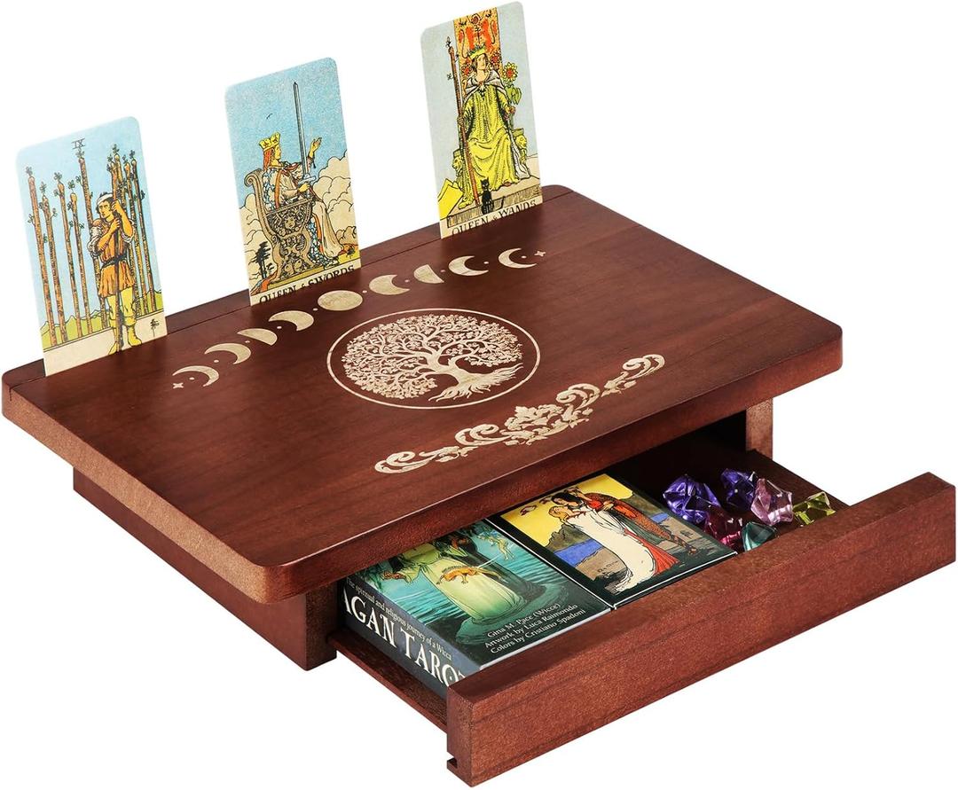 Altar Table with Drawer and Tarot Card Holder, Wooden Small Altar Table for Spiritual Meditation Buddhist Moon Phases Engraved Wiccan Witchy Decor, 12" x 8"(Life Tree)