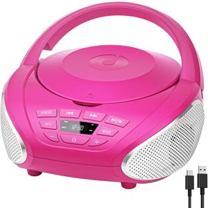 Gueray CD Player Portable Boombox: Radio CD Players with Speakers Home Audio FM Radio AUX Input Support Headphones Playlist Mode PROG Playback for Outdoor Indoor Audiobooks (Pink)