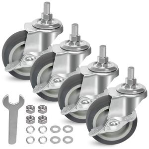 AAGUT 3 Inch Caster Wheels,Rubber Heavy Duty M12x1.5 Threaded Stem Mount Industrial Castors Metal Swivel Wheel,Replacement for Workbench,Carts,Furniture,Dolly,Trolley, Set of 4 with Locking Brakes