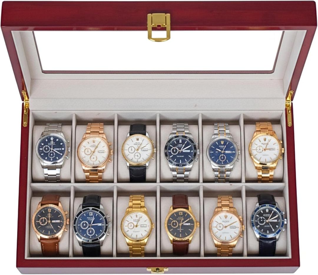 Premium Rosewood Watch Case with Glossy Finish - 12 Slots Watch Box with Glass Lid - Luxury Watch Holder Organizer for Men & Women's Jewelry Display - Ideal Gift for Watch Display & Storage