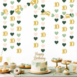 Sage Green Gold 10th Birthday Decorations Sage Green Gold Heart Garland Streamer Banner Backdrop for Girls Happy 10th Birthday Double Digits I'm 10 Cheers to 10 Years Old Anniversary Party Supplies