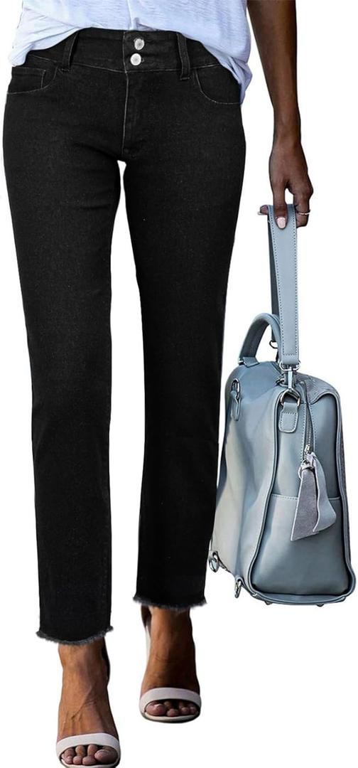 Sidefeel Women's High Waisted Jeans Strechy Fashion Raw Hem Straight Leg Ankle Denim Pants with Pockets, Size 8
