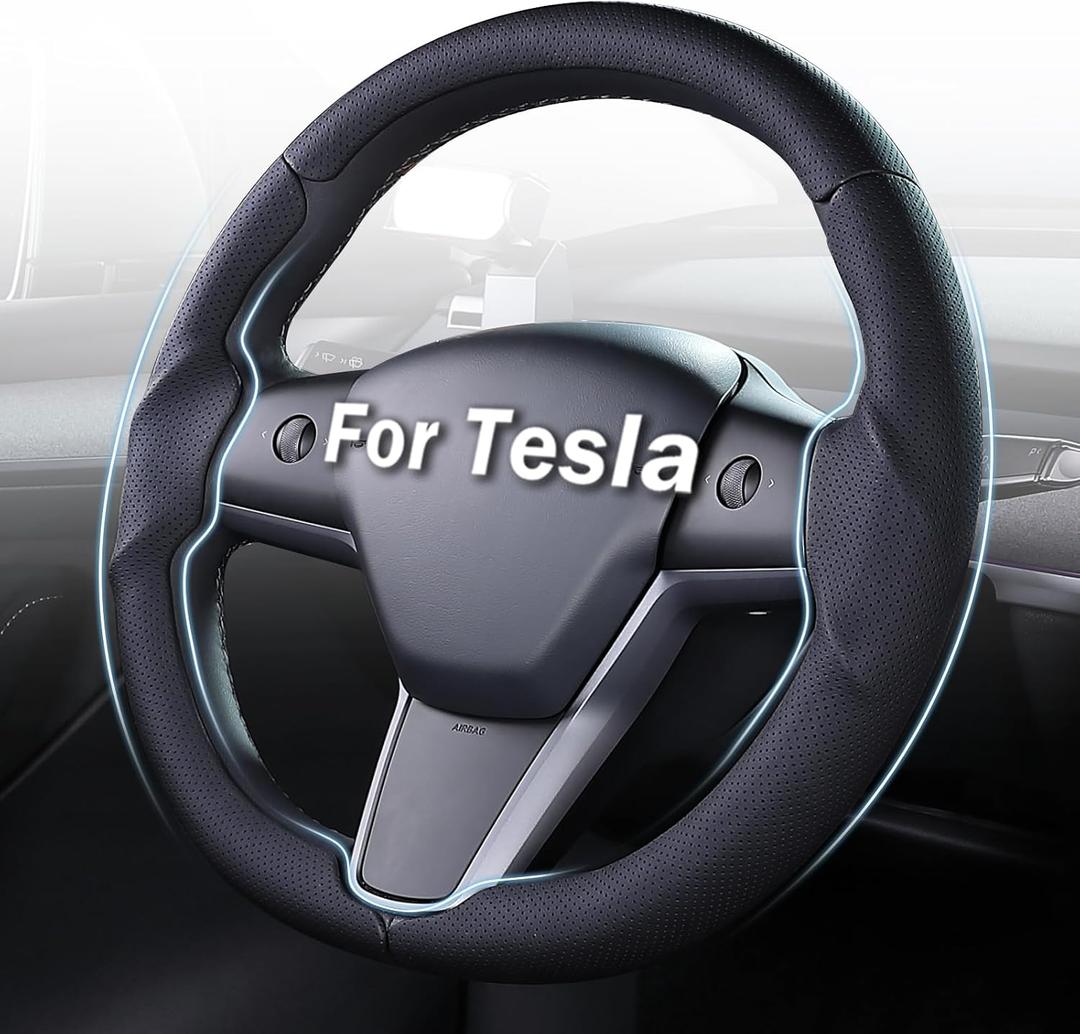 Steering Wheel Cover for Tesla Model 3 (2017-2023) / Model Y (2020-2024),Anti-Slip,Comfortable Grip, Breathable,Customized for Tesla Model 3/Y Accessories,Nappa Black