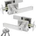 JO.KO 2 Pack Entry Door Lock Set, Different Key Square Door Lever for Bedroom, Passage Door Privacy Locking Interior/Exterior Entry Door Knob/Heavy Duty (Satin Nickel)