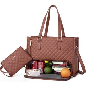 LOVEVOOK Lunch Tote Bag for Women, 15.6 Inch Laptop Bag with Insulated Lunch Compartment, Quilted Large Capacity Computer Handbag with Purse for Business, Work, Nurse, Collage, Office, Casual, Brown