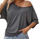Hilinker Womens Sexy Off The Shoulder Tops Short Batwing Sleeve T Shirt Oversized Casual Tee (Large, Grey)