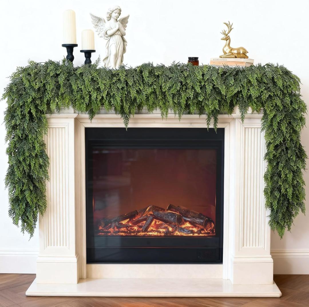 Real Touch Christmas Cedar Garland -5ft Artificial Garlands Faux Cedar Fake Pine Needles Garland for Fireplace,Table,Window,Stairs,Mante,Holiday Indoor Outdoor Xmas Decor(2PCS)