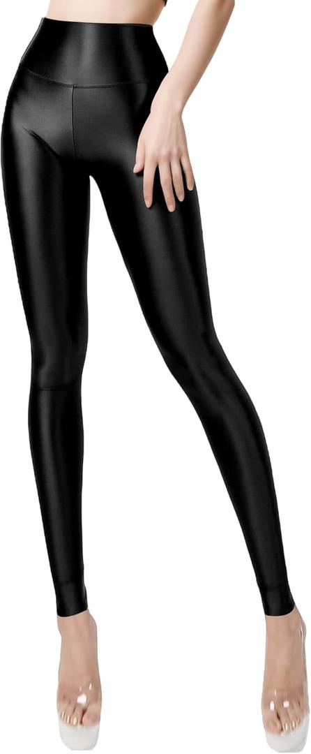 Women's High Waist 7/8 Leggings - Glossy Yoga Pants for Pilates, Cycling & Workout | Tummy Control & Second Skin Fit (Large, Black)