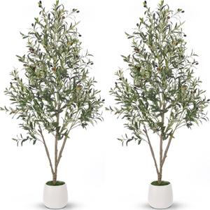 Giegxin 2 Pcs Olive Trees Artificial Indoor 5 ft Tall Faux Silk Tree with White Planter and Lifelike Large Olive Plants for Office Shop Home Decor Housewarming Gift