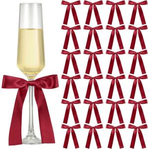 Jingmore 24 Pack Bows for Champagne Glasses Candle Holder 6.7 x 4 Inch Bow Drink Tags Wine Glass Candlestick Ribbon Self Adhesive Name Marker for Wedding Anniversary Party Gift Decor(Burgundy)