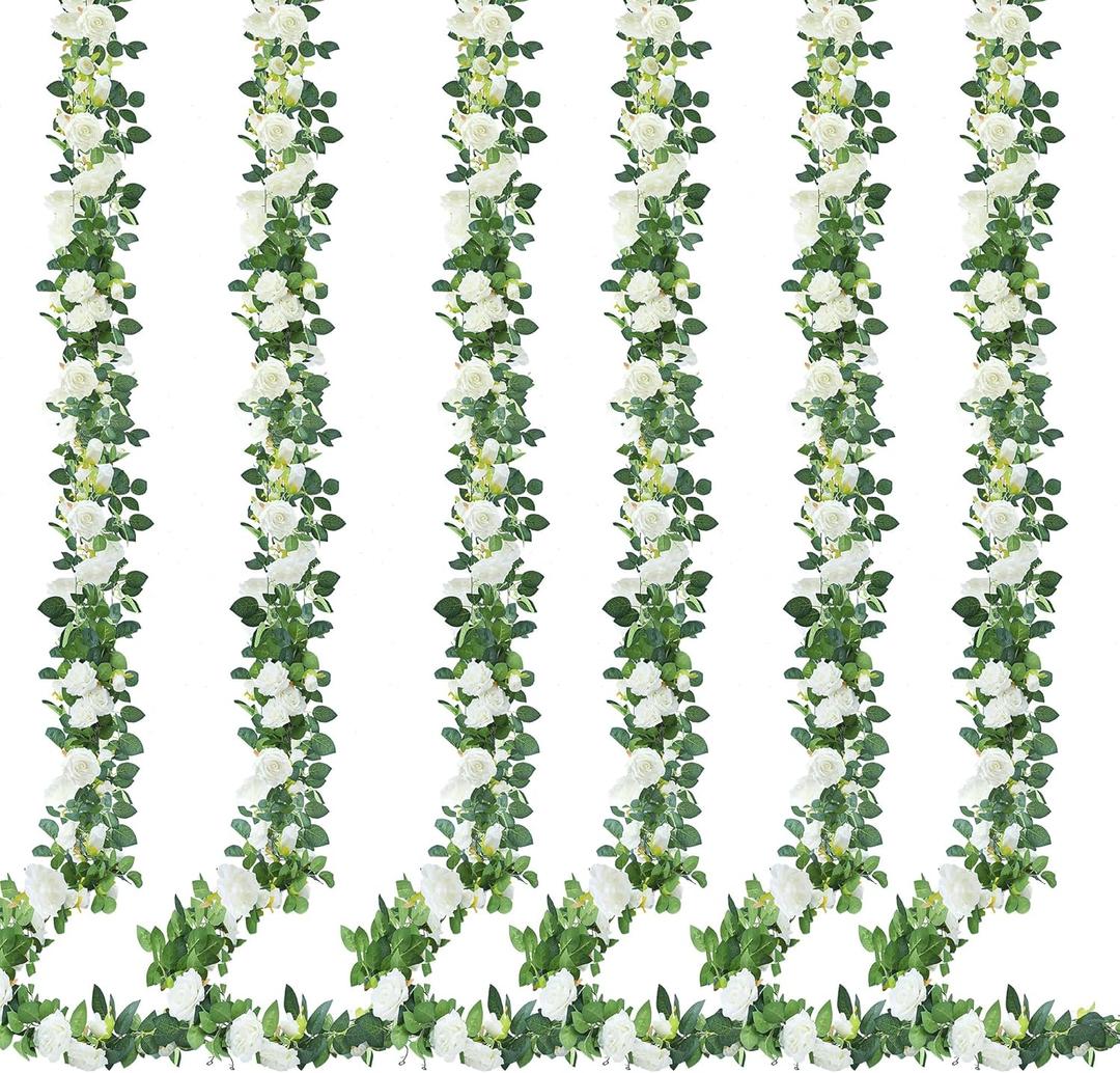 Sggvecsy 6Pcs 46.5Ft Artificial Rose Vine Fake Flower Garland Floral Garland Faux Silk Hanging Vine Rose Ivy Vines for Wedding Arch Party Wall Garden Ceremony Background Outdoor Decor (White)