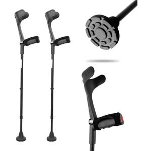 KMINA - Forearm Crutches for Adults (x2 Units, Open Cuff), Adjustable Handle Pad, Aluminum, Black - Made in Europe Black
