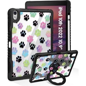 for iPad (A16) 11th Generation 11 Inch 2025 Case, for iPad 10th Generation Case 2022 10.9 Inch - Women Girls Cute with Pencil Holder & Stand Clear Girly Kawaii Design Protective Hard Cover (Paw Print)