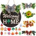Interchangeable Welcome Sign for Front Door Decoration with 4 Seasonal Wreaths and 14 Holiday Icons, Black Welcome Door Hanger, Rustic Wooden Front Porch Sign Home dcorBlack