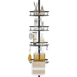 Corner Shower Caddy Tension Pole, Shower Tension Rod Organizer, 4-Tier Adjustable Floor to Ceiling Shower Caddy 33-127inch, No Drilling Shower Shelf for Inside (Black)