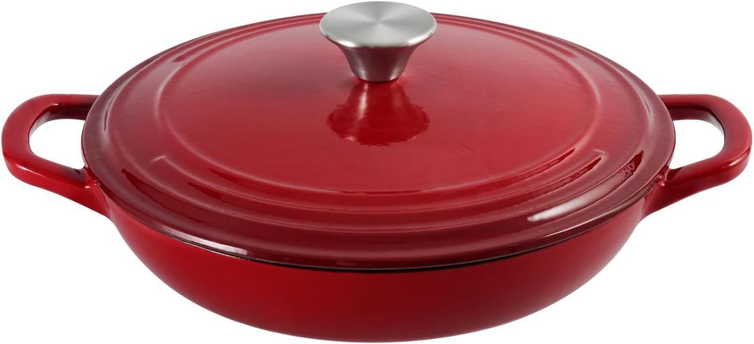 Flavehc Braiser Enameled Cast Iron Braiser 2.25 qt Braiser Pan with Lid Red Shallow Cast Iron Casserole Braiser Pan with Handels