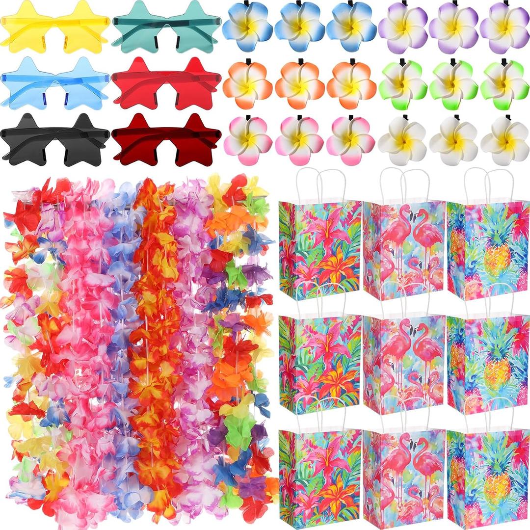Soulchen 72 Pcs Hawaiian Party Favors Luau Leis Flower Clips Novelty Sunglasses with Tropical Themed Gift Bags for Summer Tiki Luau Party Supplies 