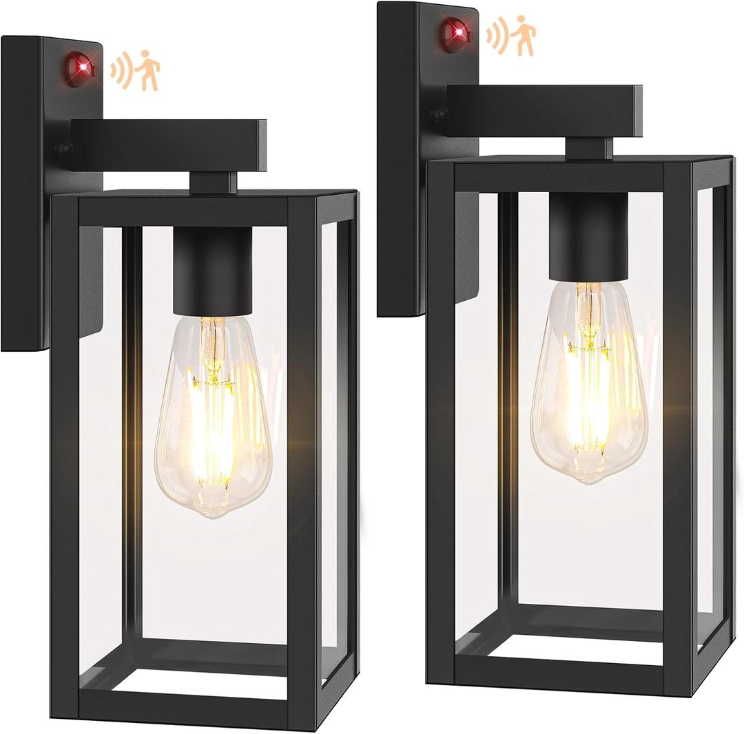13" Upgraded Motion Sensor Outdoor Wall Lights, 2-Pack Dusk to Dawn Porch Lights Outdoor Wall Sconce Lanterns, 3 Lighting Modes Exterior Lighting Fixtures, Black Outside Lights for House Patio Garage