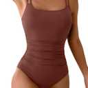 Eomenie One Piece Swimsuit for Women Tummy Control Ruched Bathing Suit Push Up Slimming Swim Suit Double Straps Swimwear (Medium, Brown)