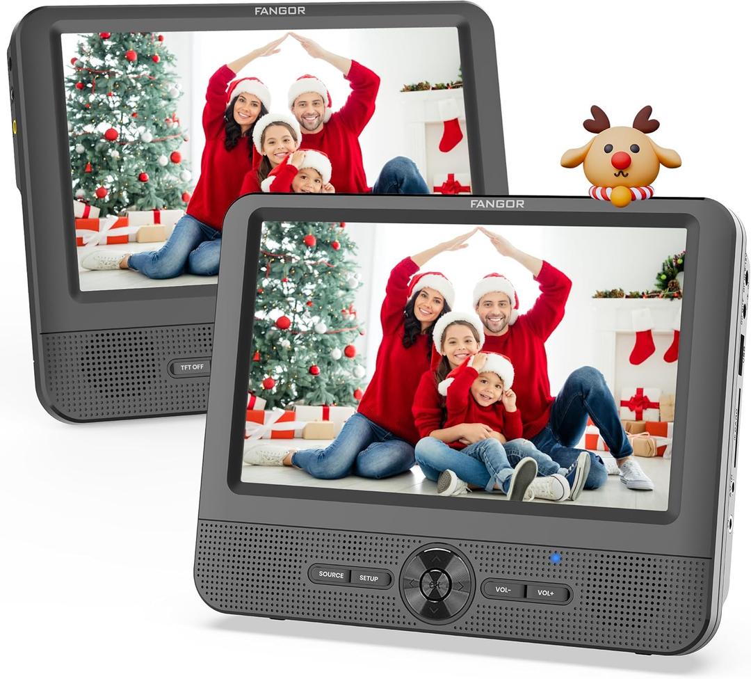 FANGOR 7.5 Inch Dual Car DVD Player, Portable Headrest Video Player for Car with 5 Hours Rechargeable Battery, Last Memory, AV Out/in, Support USB/SD/Sync TV, All Regions (1 Player+1 LCD Screen)