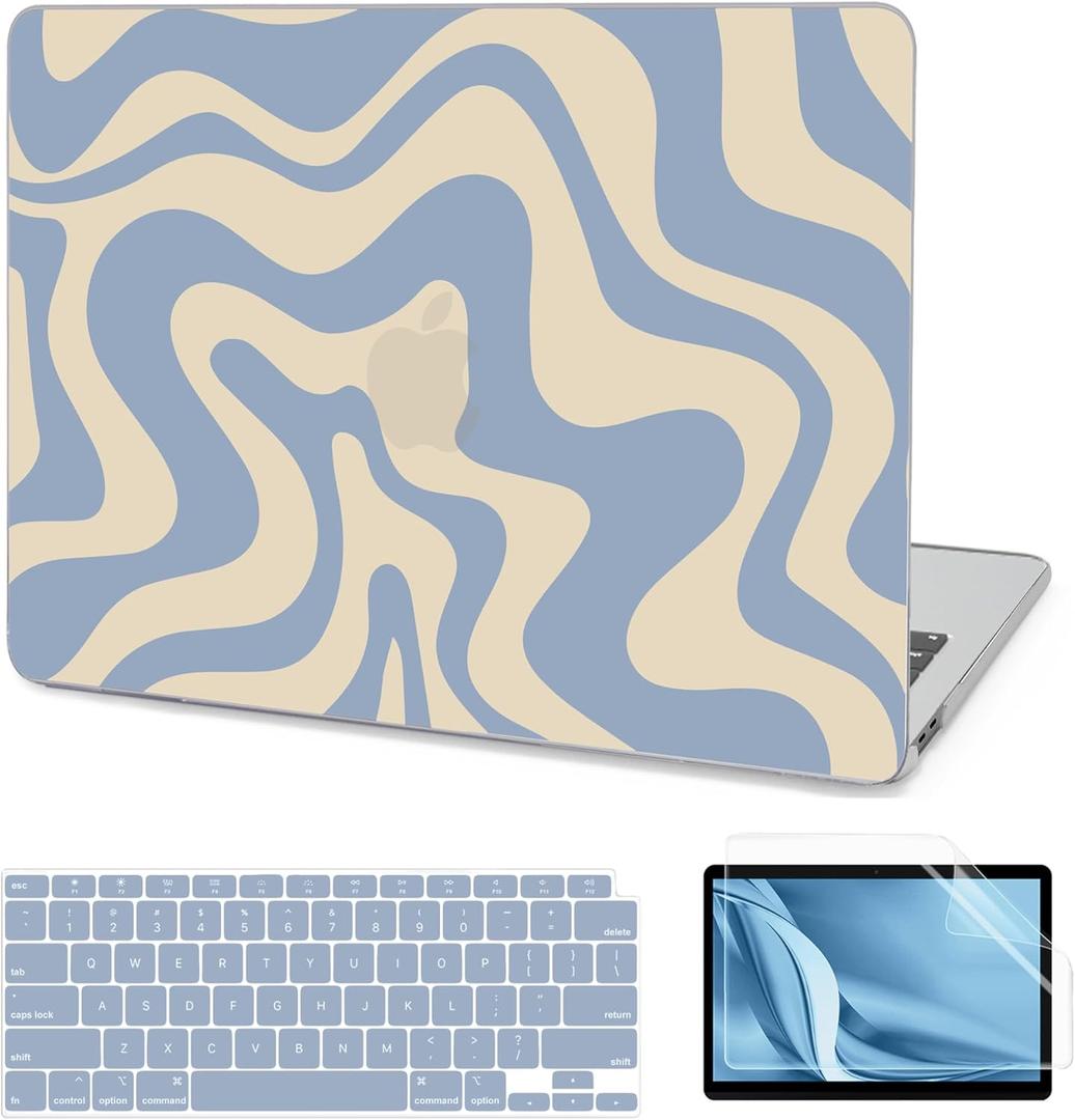 AKIT Compatible with MacBook Air 13 Inch Case 2022-2020 2019 2018 M1 A2337 A2179 A1932, Unique Pattern Laptop Hard Shell Case+Screen Protector+Keyboard Cover for MacBook Air 13.3 Inch 2020, Blue Wave