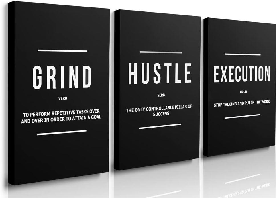 GUBIYU Black and White Motivational Paintings Wall Decor for Living Room Grind Hustle Execution Canvas Wall Art Inspirational Posters Large Gym Office Artwork for Men Guys Bedroom Room Decor 16"x24", 16X24inch *3pcs
