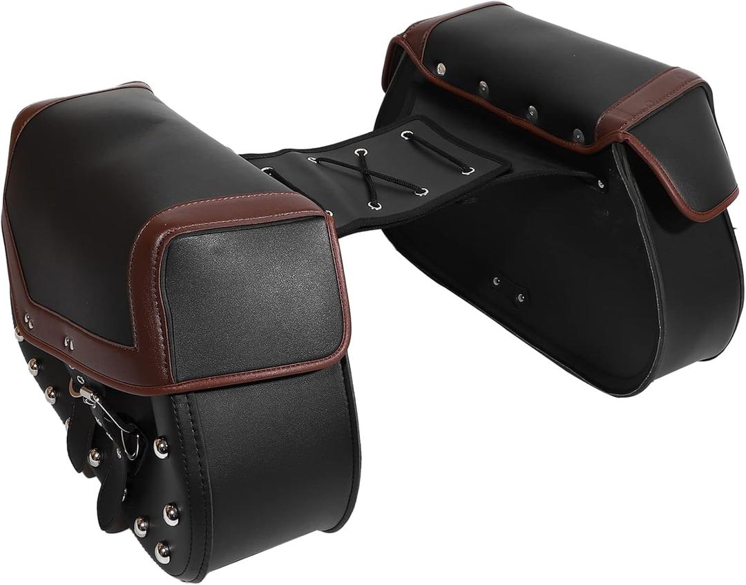 X AUTOHAUX 1 Pair Universal 16L Motorcycle Saddlebag Side Tool Bags Cycling Luggage Bag Adjustable Buckles Black Brown 17.32''x5.12''x11.81