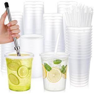 LemonRoad 50 Set Lemonade Stand Cups with Lids Straws Puncher 32oz Clear Plastic Drink Buckets with Flat Lids Disposable Drink Cups for Lemonade, Iced Coffee, Juice & Summer Party Supplies