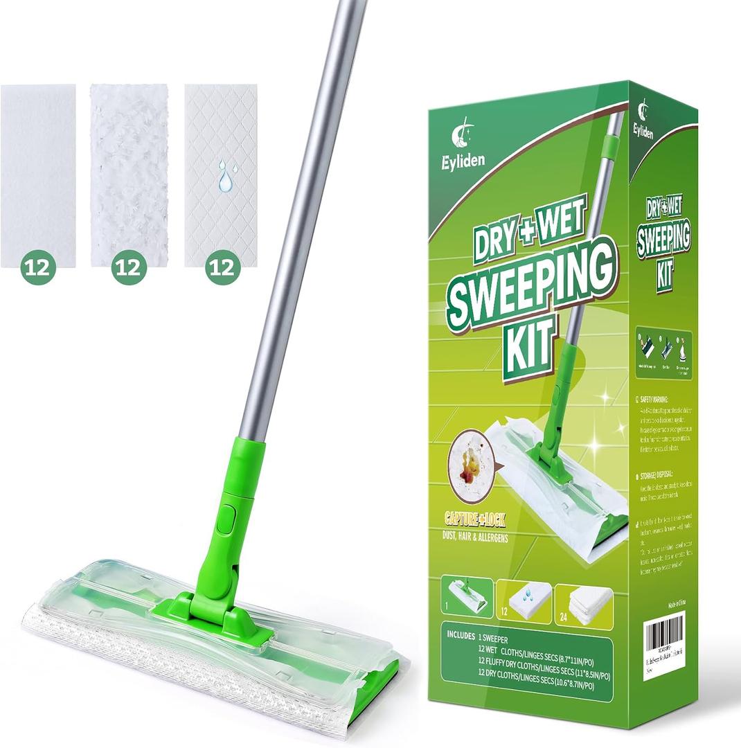 Eyliden Sweeper Mop with 36 Refills - 3 Types of Disposable Dry & Wet Cloths | Lock-Tight Design No Lost Pads, Universal Refills, Multi-Surface Sweeping Starter Kit for Pet Hair, Dust, Floor Cleaning