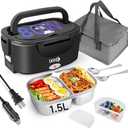 Electric Lunch Box 80W for Adults, 1.5L Lunch Warmer with 2 Compartments for Truck/Car/Work, Fast Portable Heated Lunch Box Food Warmer Heater 12/24/110V, Removable Stainless Steel Container