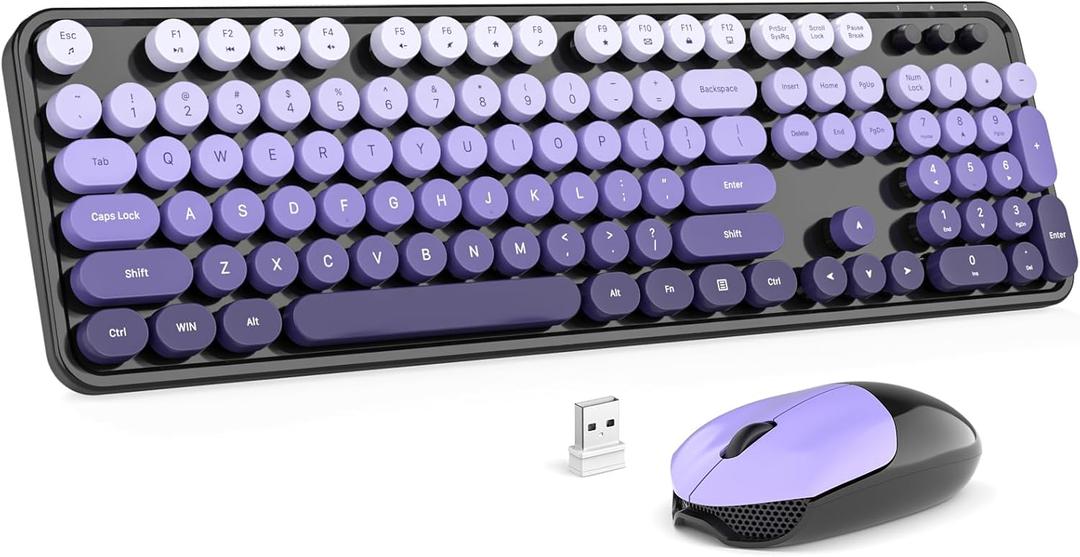 MOFII Wireless Keyboard and Mouse Combo, 2.4GHz Retro Typewriter Keyboard Full Size, Cute Wireless Mice, USB Dongle Plug and Play, for Laptop, PC, Desktop, Windows (Black Purple Gradient Color)