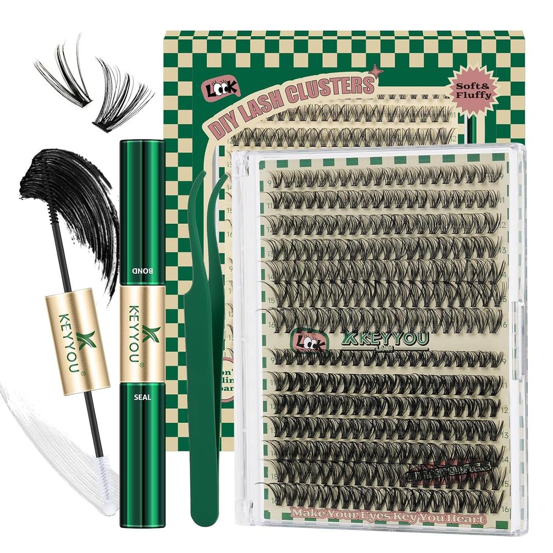 KEYYOU DIY Lash Extension Kit 280pcs Individual Lashes D Curl Eyelash Extension Kit 30D+40D 9-16Mix Lash Clusters with Lash Bond and Seal and Lash Applicator for DIY at Home(KIT-30D40D-0.07D-9-16MIX)